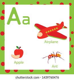 letter A, airplane, apple, ant  cute children colorful word and ABC alphabet tracing flashcard of Happy illustration for kids learning English vocabulary and handwriting vector illustration