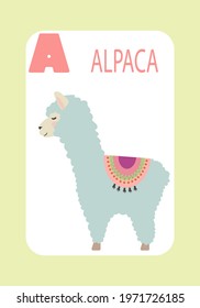 Letter A, Alpaca, educational, learning the alphabet cards for kids.