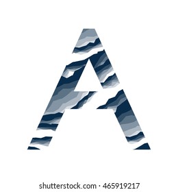 The letter A, in the alphabet abstract background marble, bark, mountain, stone layer  set dark blue shade color isolated on white background