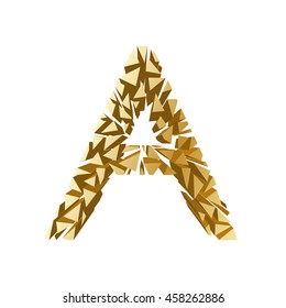 The letter A, in the alphabet broken 3d perspective set gold color isolated on white background
