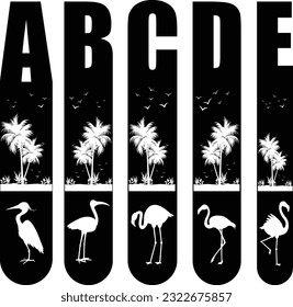 Letra A, B, C, D, E, alfabeto infantil de verano, monograma, alfabeto de camisetas de verano, alfabeto de niños, camiseta de impresión de pantalla, alfabeto con aves, alfabetos de verano