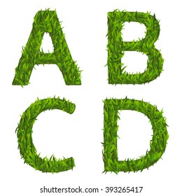 letter A, B, C, D, green grass vector font set