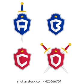 Letter A, B, C, D vector sign templates with shield and sword. Luxury safety logo.
