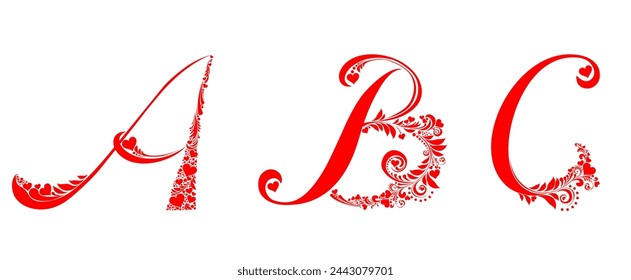 Letter A, B, C isolated on white. Romantic letter of beautiful heart.  Love Alphabet Set. Lettering. Vector Illustration