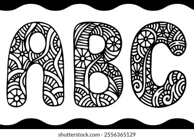 Letter A, B and C line art decorated, stylized designs. ABC alphabet uppercase characters, patterned decorative design elements.