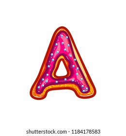 Letter A. Biscuit with glaze and confetti. Sweet donuts bakery font. Christmas cookies. Vector cartoon alphabet isolated on white background.  Hand drawn colored illustration. 