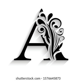 letter A. Black flower alphabet.  Beautiful capital letters with shadow