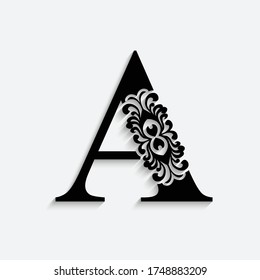 letter A. Black flower alphabet.  Beautiful capital letters with shadow