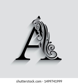 letter A. Black flower letters,  alphabet.  Beautiful capital letter. vector