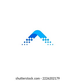 Letter A. Blue arrow up logo with digital pixel motion effect