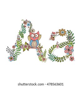 The letter A. Bright floral element of colorful alphabet Owl, flowers, and twigs. floral ABC element in vector