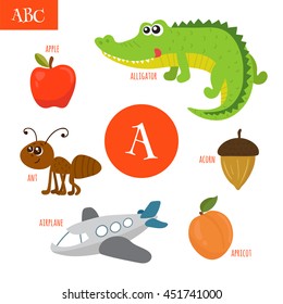 Letter A. Cartoon alphabet for children. Alligator, ant, apple, acorn, airplane, apricot. Vector illustration