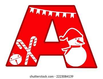 Letter A. Christmas monogram. Letter A initial for printing, cutting, decorating postcard, clothing, gift. Name symbol. Red letter silhouette. Snowman, flag garland, bell, candy cane. Vector drawing