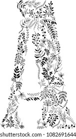 Letter 'A' created out of hand sketched floral elements, leaves and flowers drawn with ink pen. Poster, banner, background template. eps 10