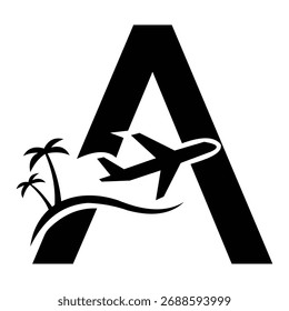 The letter 'A' creatively integrated with an airplane and palm trees, representing the exciting world of travel, aviation, and tropical destinations for leisure and adventure.