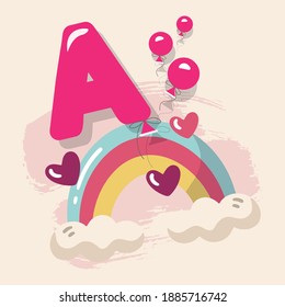 Letter A, cute Rainbow birthday illustration. 