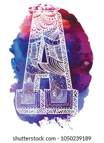Letter A. Dudling drawing, mandala. Alphabet in the style of dudling, letters of the alphabet. Drawing from the hands, points, waves, scales.