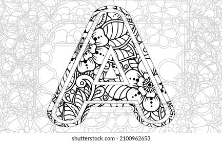 Letter A. Dudling drawing, mandala. Alphabet in the style of dudling, letters of the alphabet. Drawing from the branches of leaves, flowers