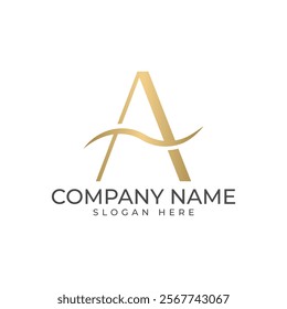 letter "A" elegantly intertwined with a flowing wave. The golden color and minimalist design convey a sense of luxury, grace, and sophistication, making it suitable for brands in the beauty, fashion, 