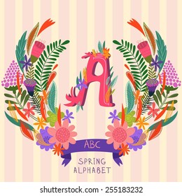The letter A. Floral hand drawn monogram made of flowers and leafs in vector. Spring floral ABC element in vector. Can be used for posters, cards, blogs, backgrounds and any  stylish designs