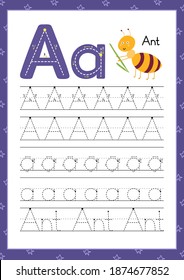 Letter A. Handwriting practice worksheet. Learning alphabet cute activity page. Printable colorful template in A4 format for children’s workbook. Vector illustration 