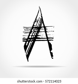 Letter A. Handwritten by dry brush. Rough strokes font. Vector illustration. Grunge style alphabet