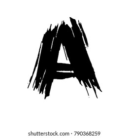 Letter A. Handwritten by dry brush. Rough strokes font. Vector illustration. Grunge style elegant alphabet.