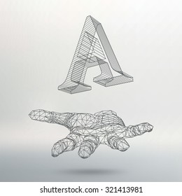 the letter A, of lines and dots on the arm. The hand holding letter of the lines connected to points. Molecular lattice. The structural grid of polygons. White background. The facility is located on a