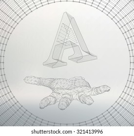 the letter A, of lines and dots on the arm. The hand holding letter of the lines connected to points. Molecular lattice. The structural grid of polygons. White background. The facility is located on a