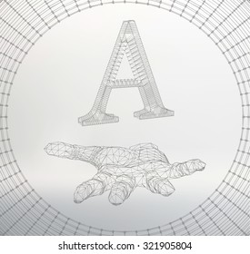 the letter A, of lines and dots on the arm. The hand holding letter of the lines connected to points. Molecular lattice. The structural grid of polygons
