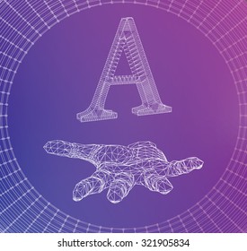 the letter A, of lines and dots on the arm. The hand holding letter of the lines connected to points. Molecular lattice. The structural grid of polygons