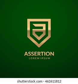 Letter "A" monogram and shield sign combination. Line art logo design. Symbolizes reliability, safety, power, security. Eps10 vector luxury logotype.