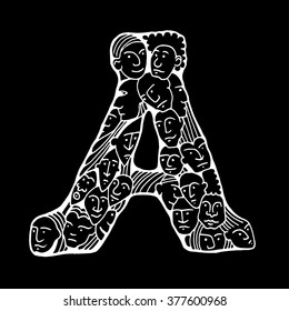 Letter A. People crowd. Isolated alphabet design. Hand drawn vector illustration in cartoon style
