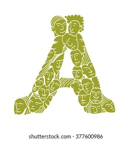 Letter A. People crowd. Isolated alphabet design. Hand drawn vector illustration in cartoon style