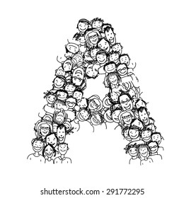 Letter A, people crowd, vector alphabet for your design