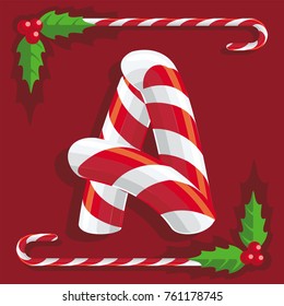 Letter A, sign of red and white sweets, sweet candy cane on red background, illustration, vector