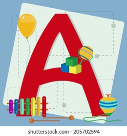Letter "a" from stylized alphabet with children's toys: xylophone, instrument, spinning top, balloon, cube toy, rattle.