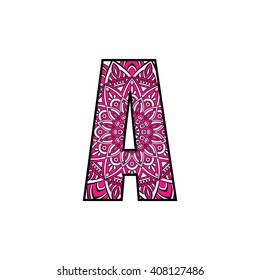 Letter A. Typographic alphabet. Contains vibrant colors and mandala design on a white background.