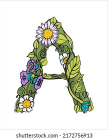 The letter A. Vector. Contour colored beautiful letter with floral decor. Suitable for lettereng, alphabet, business cards, personalized invitations and printing on T-shirts.