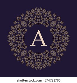Letter A. Vector decorative line art frame for design template. Luxury round floral ornament. Elegant decor for wedding invitations, greeting cards, certificate, thank you message. Logo template.