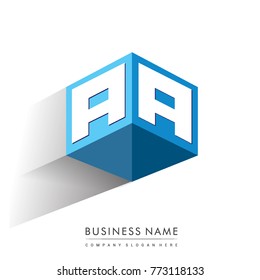Letter AA logo in hexagon shape and blue background, cube logo with letter design for company identity.
