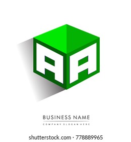 Letter AA logo in hexagon shape and green background, cube logo with letter design for company identity.

