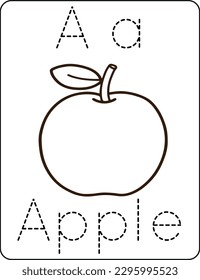Letter Aa, uppercase and lowercase, cute children coloring an apple, ABC alphabet tracing practice worksheet of an apple for kids learning English vocabulary and handwriting vector illustration