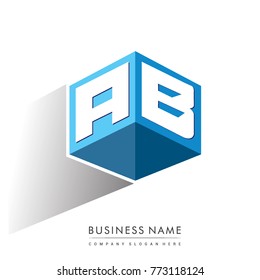 Letter AB logo in hexagon shape and blue background, cube logo with letter design for company identity.
