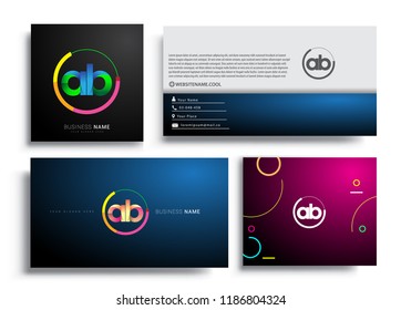 Letter AB logotype with colorful circle, letter combination logo design with ring, sets of business card for company identity, creative industry, web, isolated on white background.