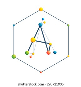 A letter. Abstract colorful molecular vector logo template in hexagon. Chemical, medical and another scientific symbol. 