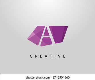 Letter A Abstract Gem Stone Logo. Creative A letter design with polygonal purple color on abstract stone shapes.