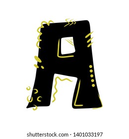 Letter A - abstract vector black font with yellow dots, stripes, lines, spots. Abc, alphabet isolated on white background. Perfect illustrtion for your design - print, poster, card, logo, label