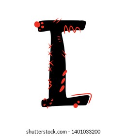 Letter I - abstract vector black font with red elements dots, stripes, lines, spots. Abc, alphabet isolated on white background. Perfect illustration for your design - print, poster, card, logo, label
