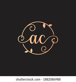 Letter AC Decorative, Classy Monogram logo inside a circular stalk, stem, or root with floral, leaves ornament. Letter AC florist logo. AC wedding logo, crafting logo
